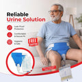 An older man wearing a blue and white under-cloth urine protection device sits on a couch in a living room setting. The image is a promotional graphic with text reading 'Reliable Urine Solution' and features a circular inset showing the product with a bag, plus a 'FREE SHIPPING' badge and 'lifesaver.